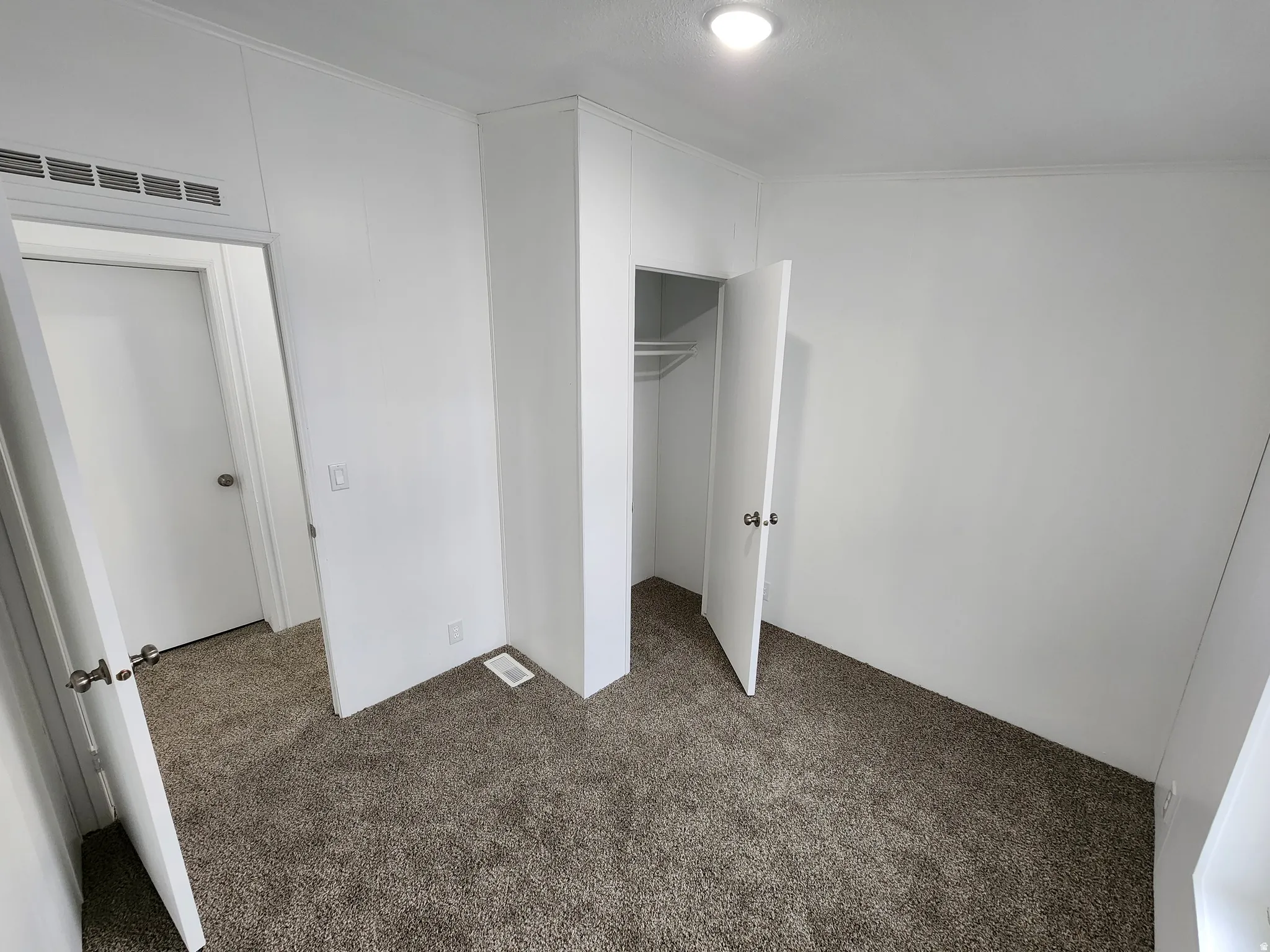 Carpeted interior room featuring white paneled walls, a built-in closet with double doors, and a ceiling-mounted light fixture