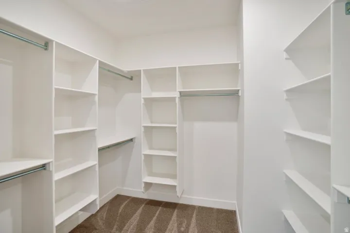 Walk-in closet featuring extensive built-in shelving, multiple hanging rods, and neutral-toned carpet flooring