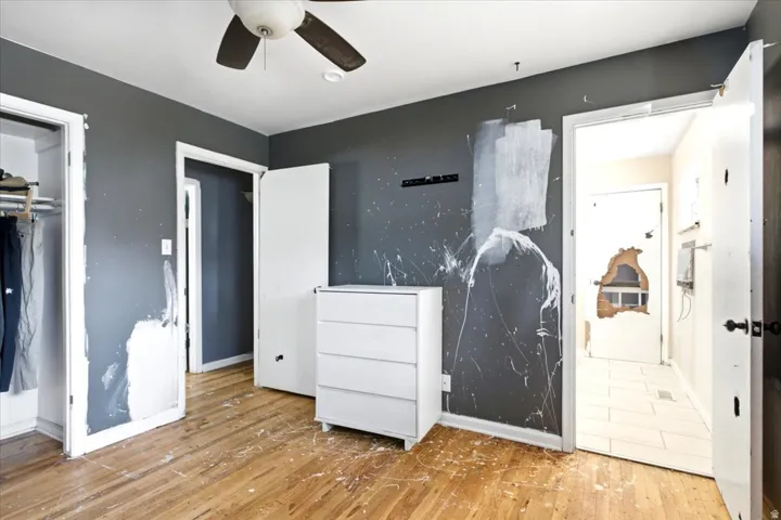 Room featuring wood-finish flooring, a ceiling fan, and painted walls