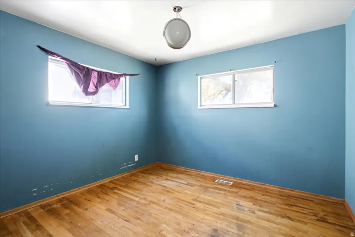 Room featuring wood-finish flooring, two windows, and a ceiling-mounted light fixture
