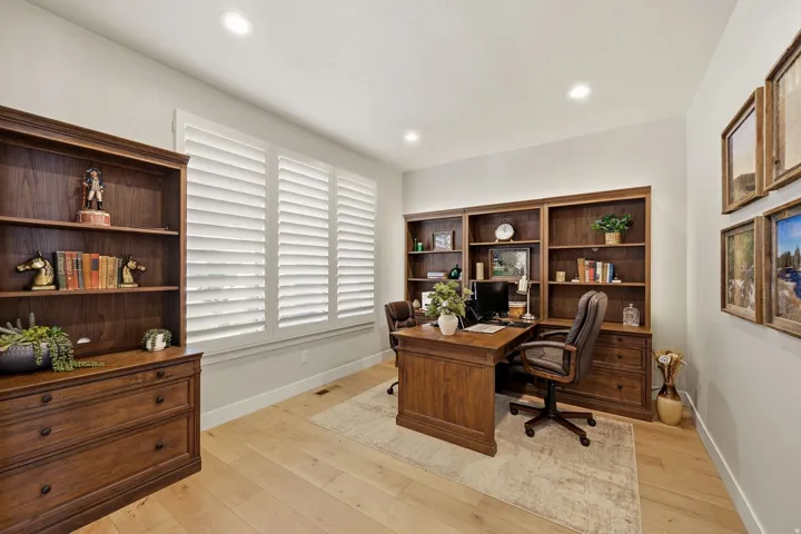 Built-in wood-finish shelving, wood-finish flooring, recessed lighting, and window shutters