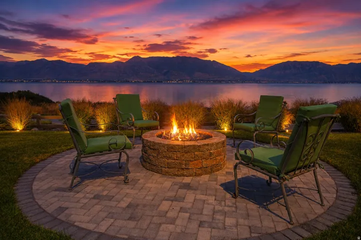 Paver patio featuring a built-in stone fire pit, landscape lighting, and a serene water backdrop