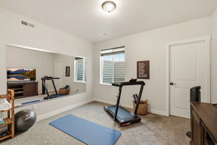 Full-wall mirror installation, neutral wall color, recessed window with blinds, panel interior door, and carpeted flooring