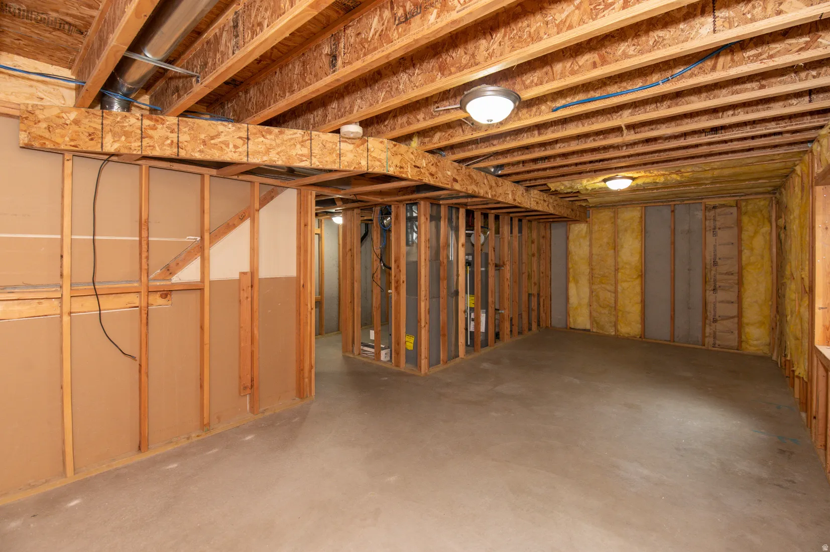 Unfinished basement featuring exposed wood framing, concrete flooring, and ceiling-mounted dome light fixtures