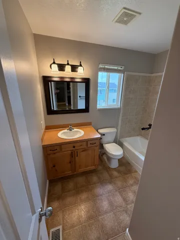 Bathroom featuring a light wood-finish vanity with a single basin sink, a framed vanity mirror, and a three-light fixture
