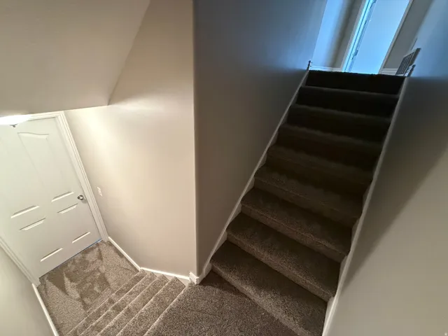 Carpeted staircase featuring painted risers and trim, leading to a landing with a paneled door