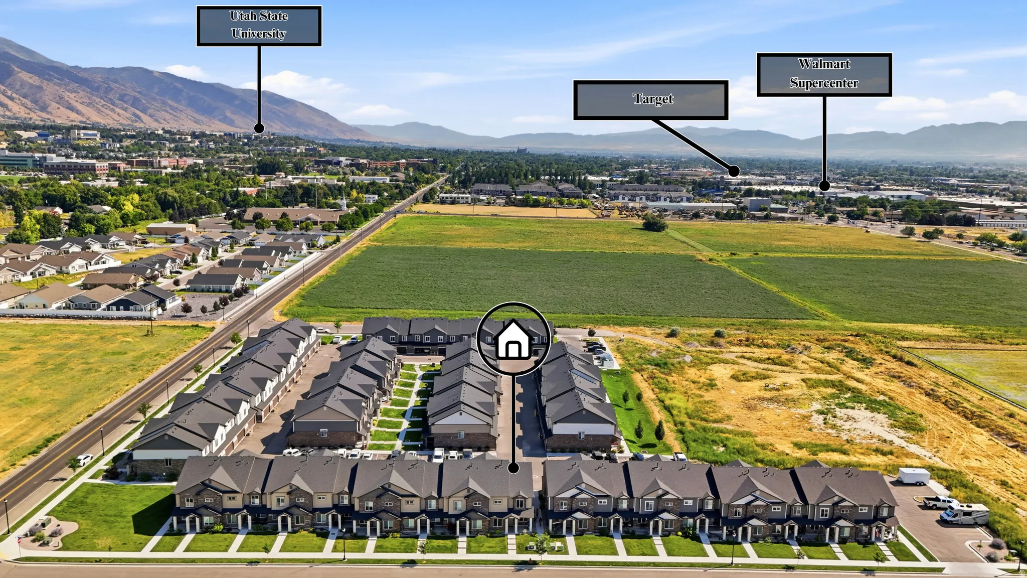 Aerial perspective showcasing a community of townhomes