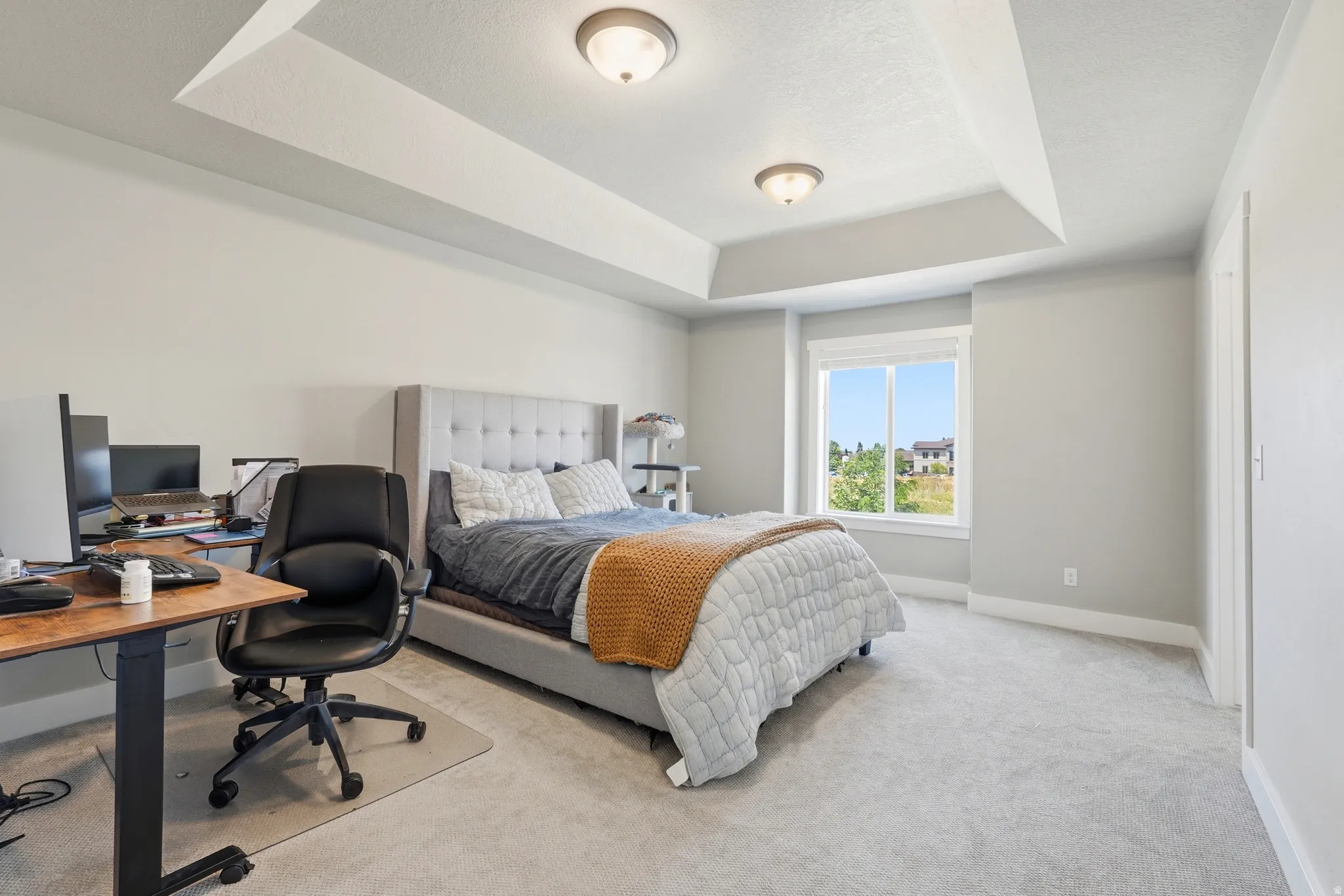 Spacious primary room featuring a tray ceiling with recessed lighting, light gray walls, and light gray carpeting