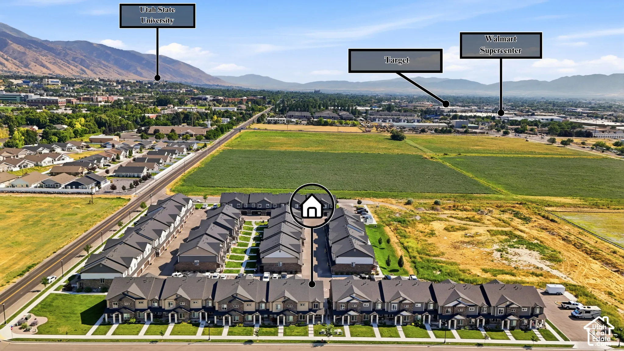 Aerial perspective showcasing a community of townhomes