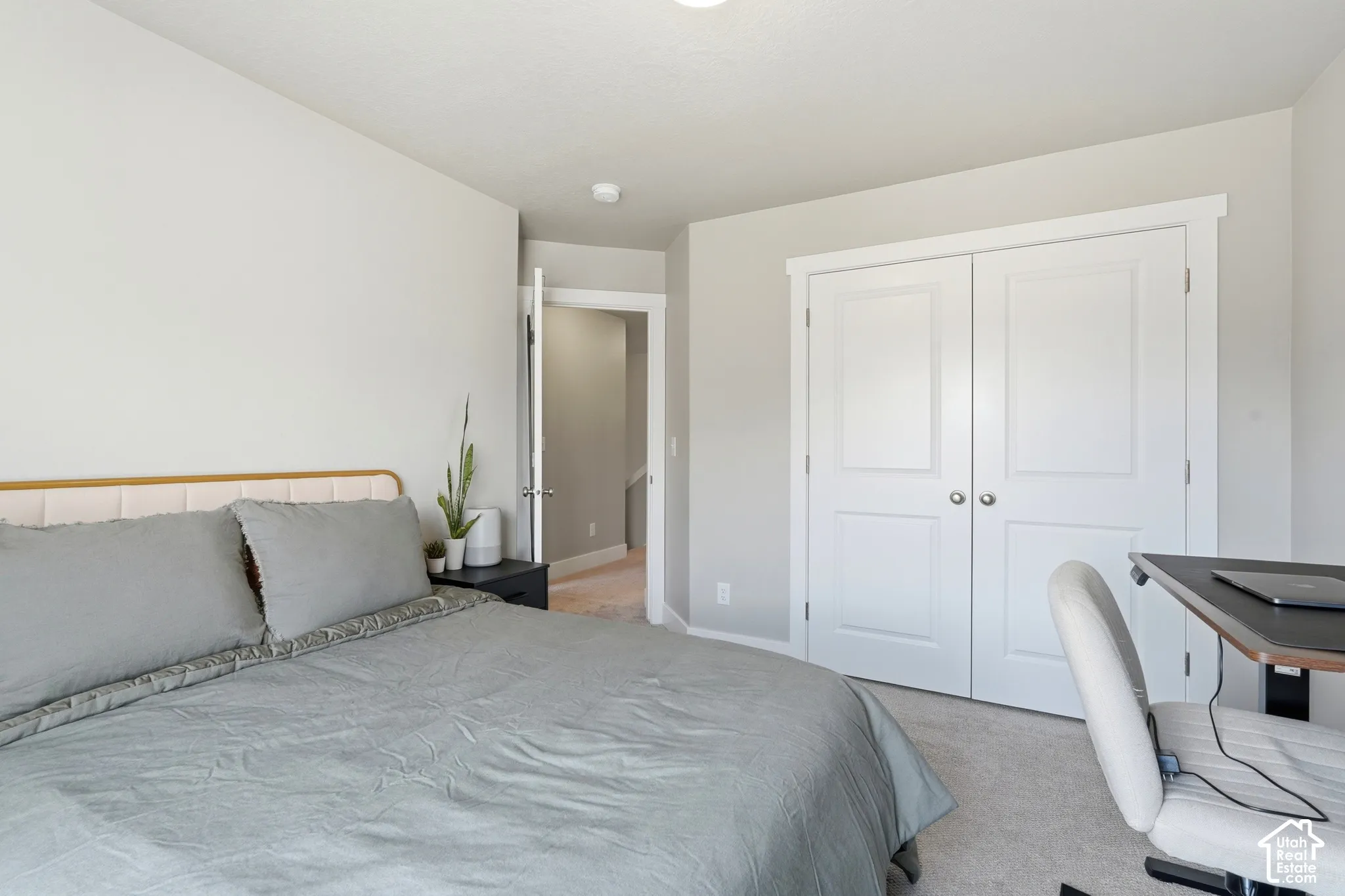 Carpeted room featuring light gray wall paint, white trim, and a white two-panel bi-fold closet door