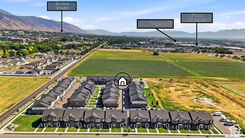 Aerial perspective showcasing a community of townhomes