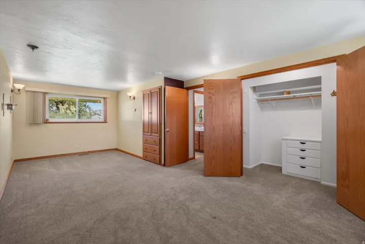 Spacious carpeted room featuring a built-in closet system with shelving and drawers, a separate built-in cabinet with drawers, and a large window providing natural light