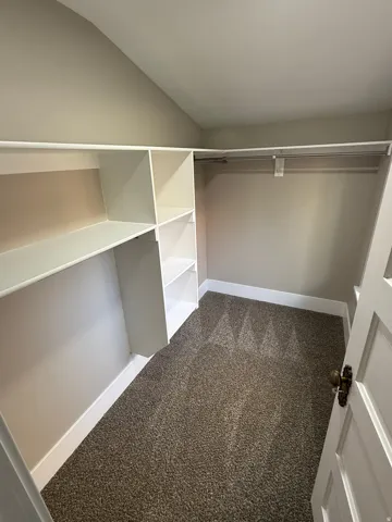 Walk-in closet featuring built-in shelving, hanging rods, and plush carpeting