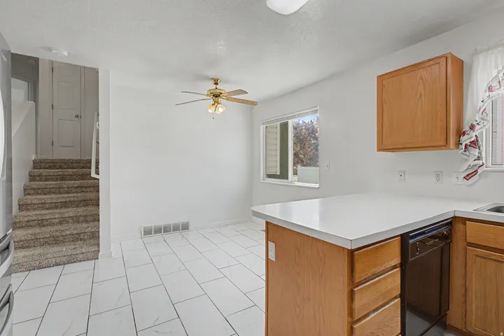 Kitchen counter with light-toned cabinetry, a built-in dishwasher, and a stainless steel sink