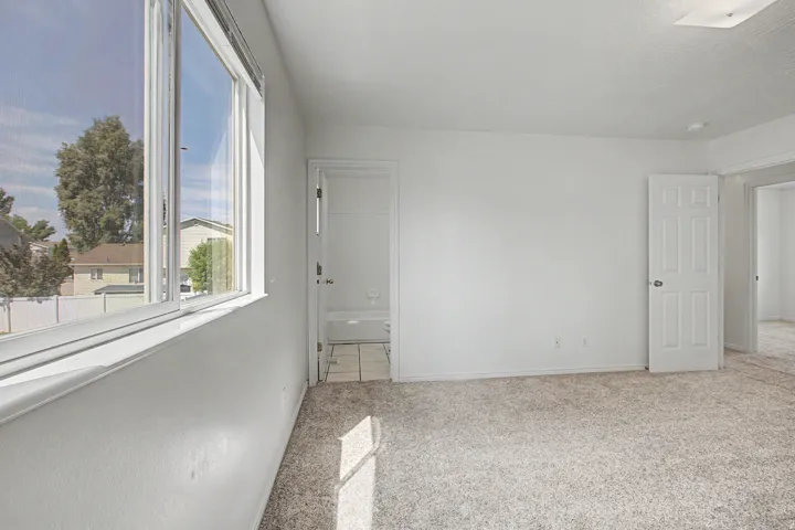 Spacious room featuring neutral carpeting, a large window, white walls, and a ceiling light fixture