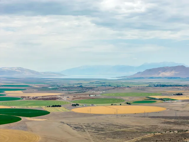 Expansive agricultural landscape featuring circular fields with varying crops, distant mountains, and a visible body of water