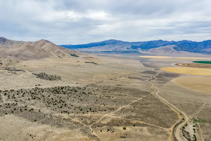 Vast undeveloped landscape featuring distant mountains and established circular agricultural fields