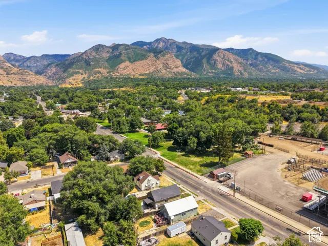 Expansive valley setting with a prominent mountain backdrop