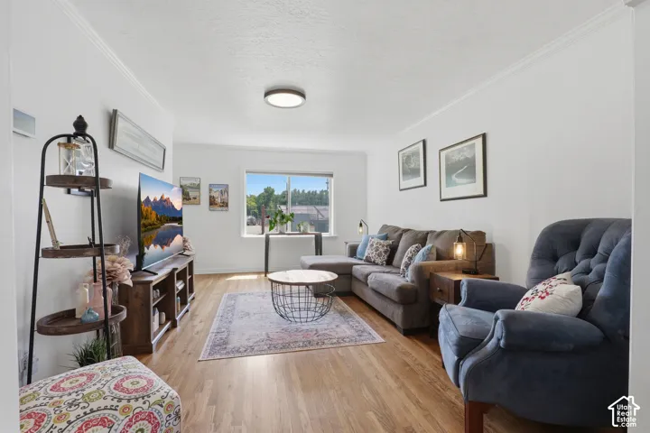 Living area featuring wood-finish flooring, white walls, a large window, and a flush-mount ceiling light fixture