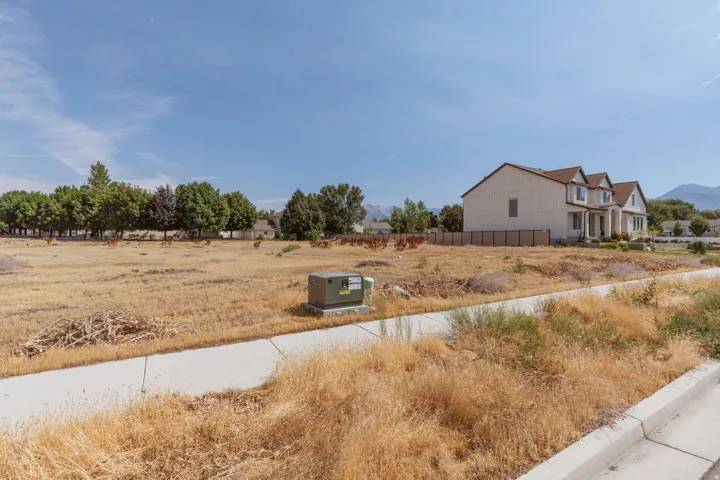 Expansive undeveloped parcel featuring a concrete sidewalk and utility box