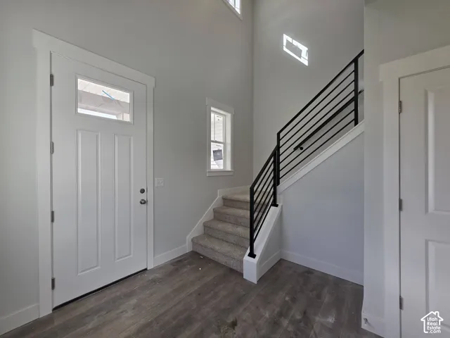 Entryway featuring wood-finish flooring, a white paneled door with an upper window, and a carpeted staircase with a black horizontal railing