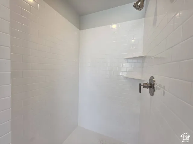 Subway tile shower with integrated shelving and a brushed nickel shower head