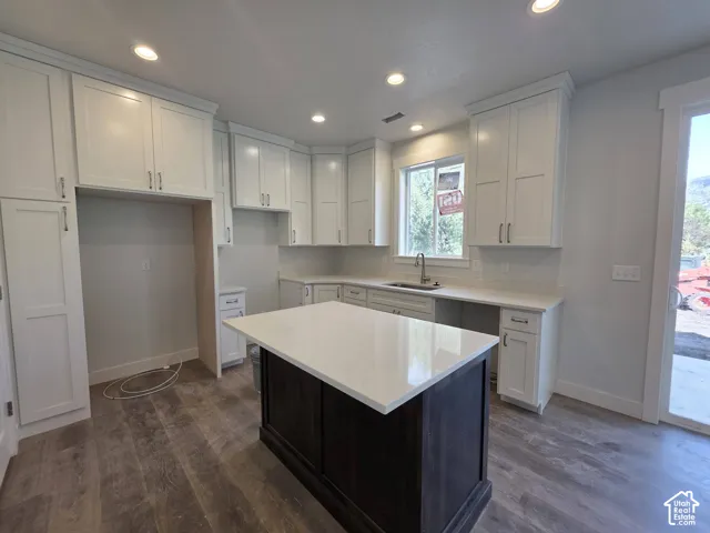 Spacious kitchen featuring extensive white cabinetry, a large kitchen island with a light-toned countertop, and wood-finish flooring
