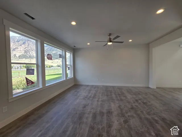 Expansive wood-finish flooring, recessed lighting, and a ceiling fan