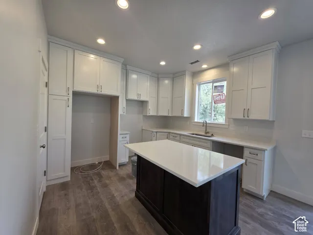 Kitchen featuring wood-finish flooring, white cabinetry, a built-in kitchen island with a light-toned countertop, recessed lighting, and a double basin sink with a window