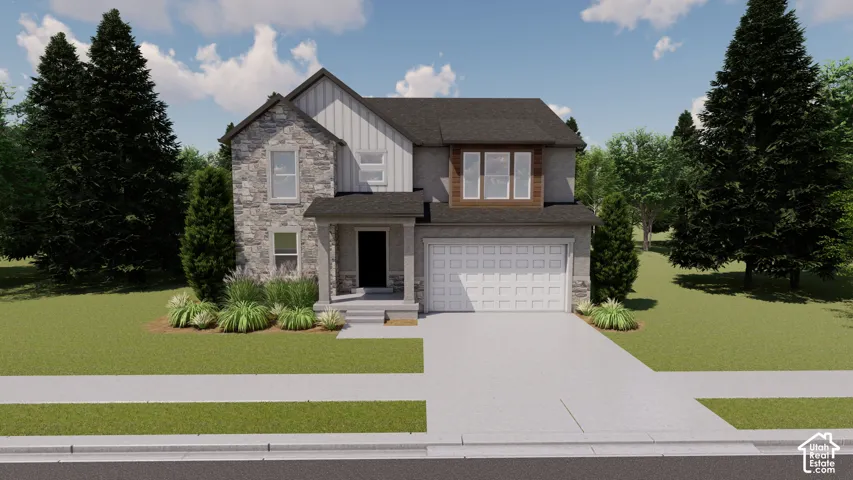 Two-story exterior featuring stone cladding, vertical siding, and a dark shingle roof