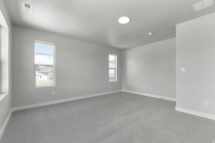Spacious room featuring light gray carpeting, neutral wall paint, white baseboards, and multiple windows providing natural light