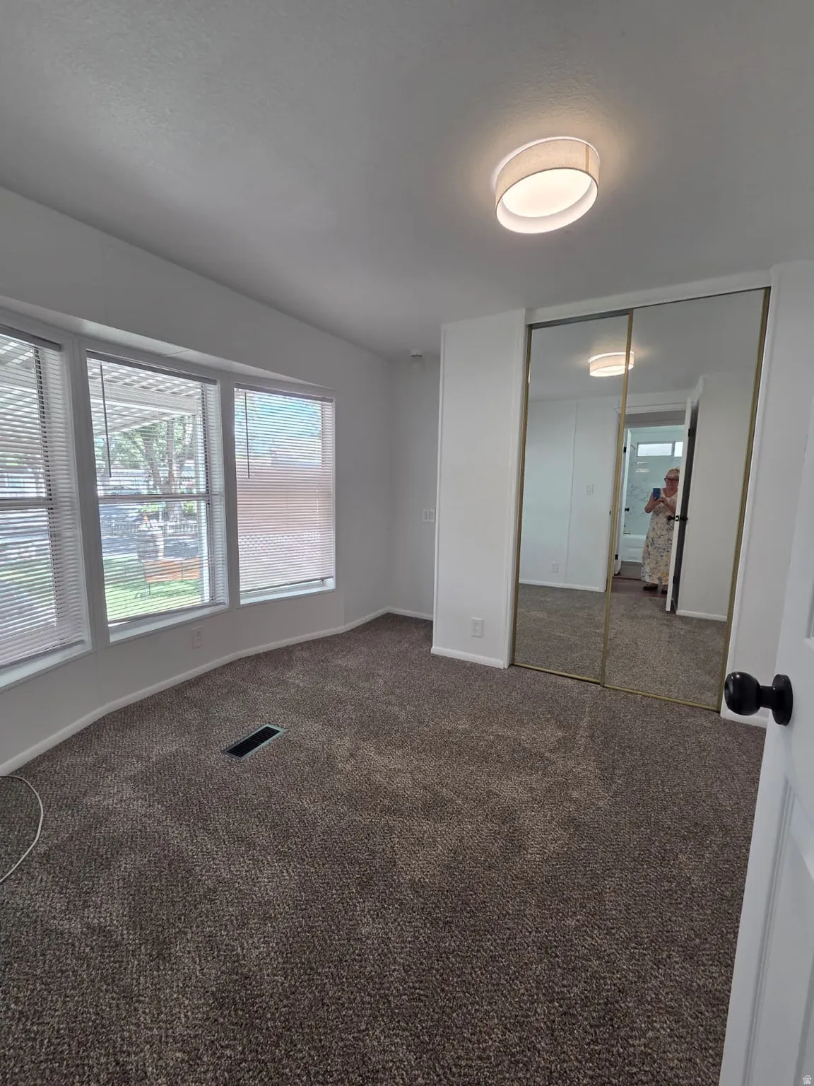 Room featuring wall-to-wall carpeting, multiple windows with blinds, a ceiling-mounted light fixture, and mirrored sliding closet doors
