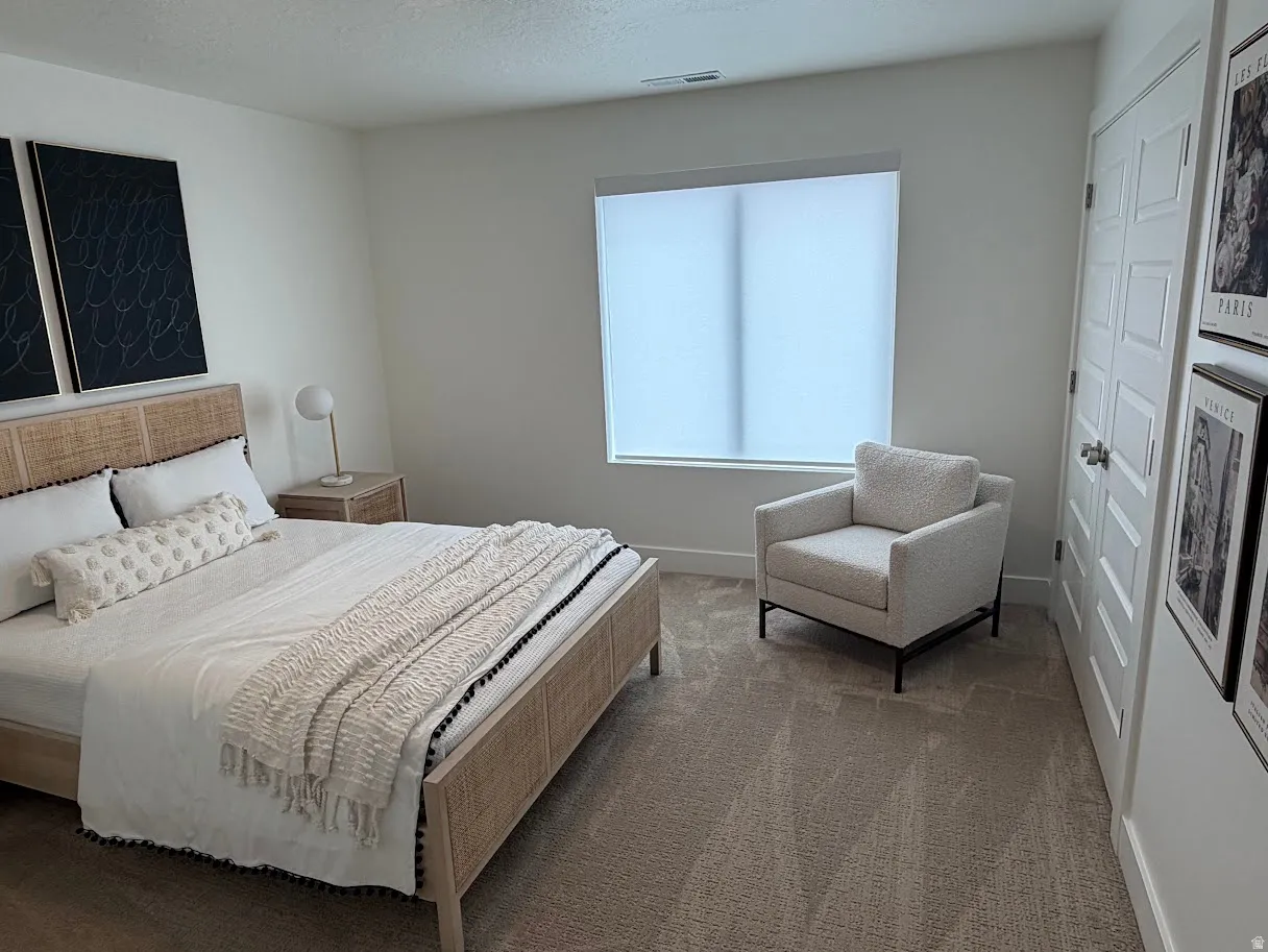 Carpeted room featuring a window with a roller shade, light-colored walls, and a paneled door