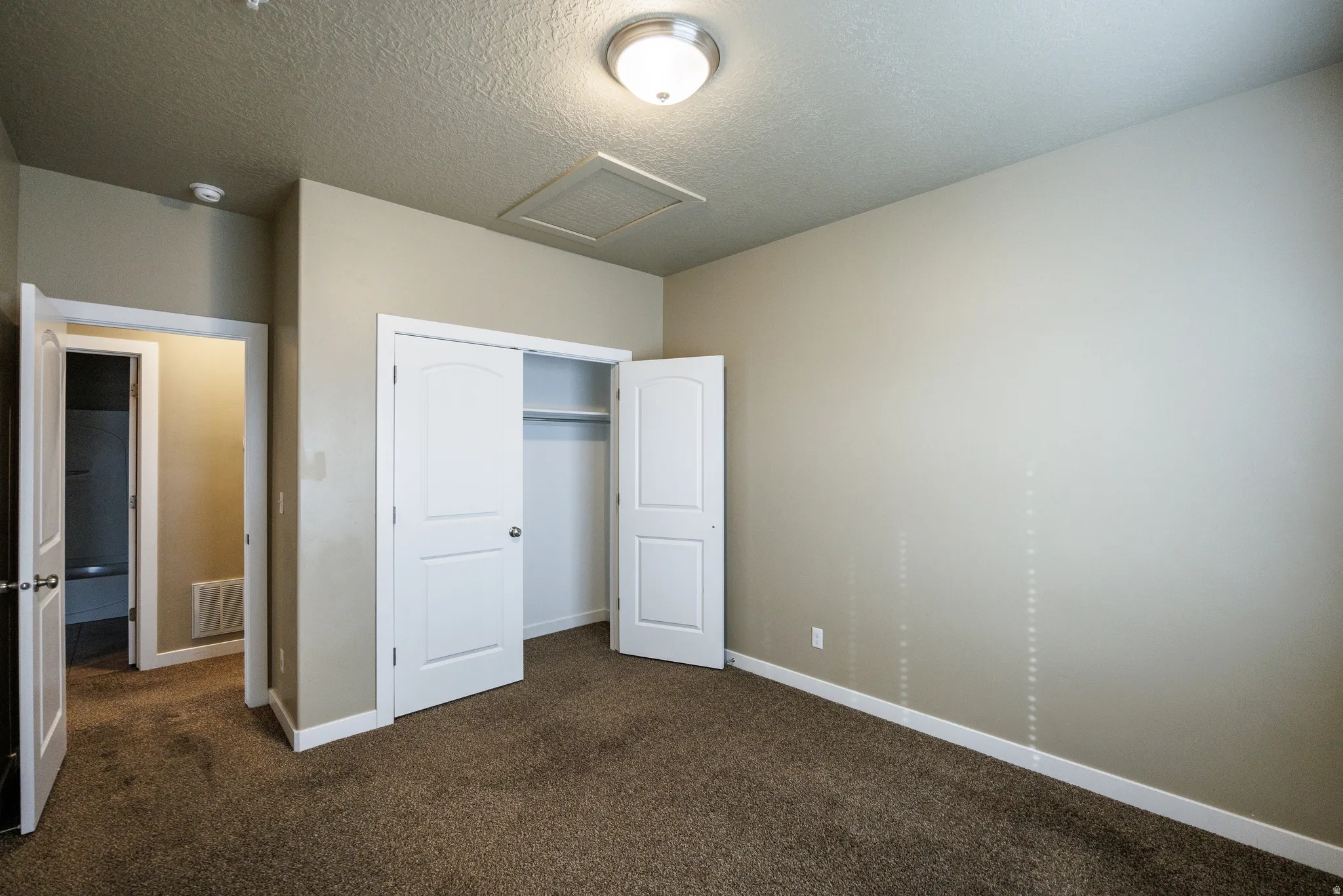 Neutral-toned interior featuring plush brown carpeting, light beige wall paint, white trim, and a ceiling-mounted light fixture