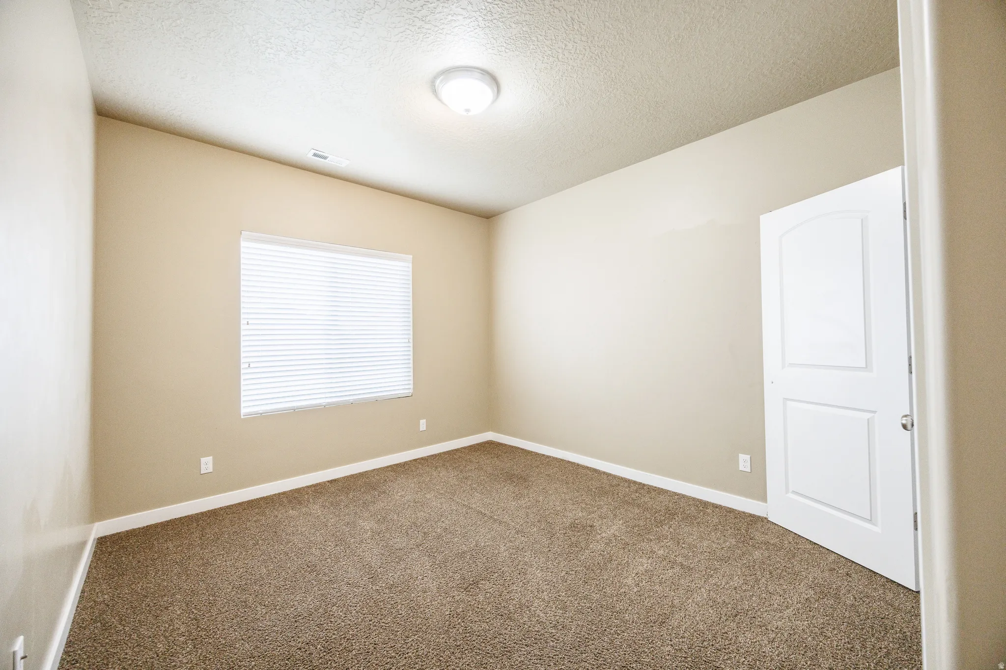Carpeted room featuring a single window with blinds, a white paneled door, neutral wall tones, white baseboards, and a flush-mount ceiling light fixture