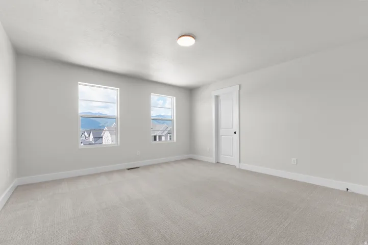 Spacious room featuring neutral carpeting, two large windows, a single panel interior door, a flush-mount ceiling light fixture, and white baseboards