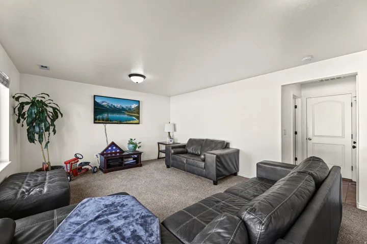 Carpeted living space featuring an arched interior doorway, a flush-mount ceiling light fixture, and a window with blinds