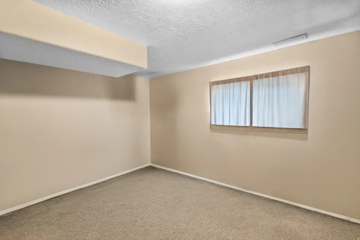 Carpeted room featuring a window with privacy coverings, neutral painted walls, and a textured ceiling