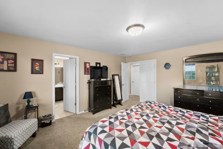 Carpeted bedroom with neutral-toned walls, white trim, and a ceiling-mounted light fixture