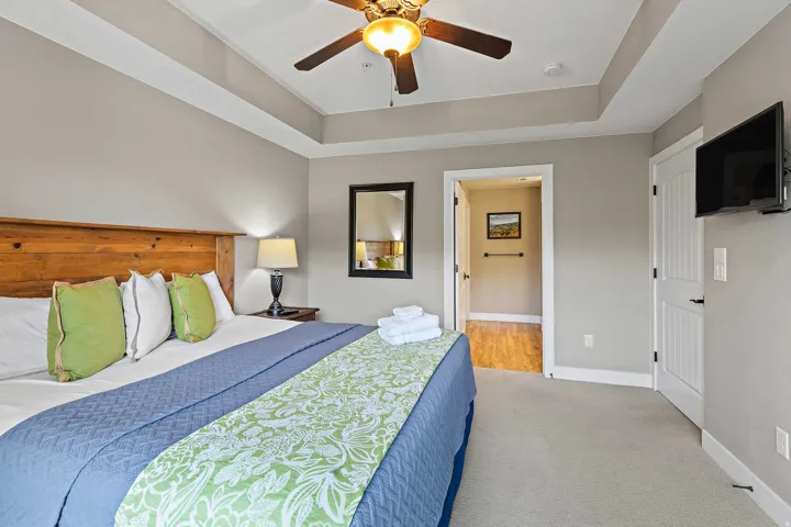 Tray ceiling with crown molding, wood-finish headboard, paddle fan with integrated lighting, wall-mounted television, and carpet flooring