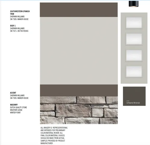 Exterior Finish Specifications. Detailing material and color selections for the property's exterior