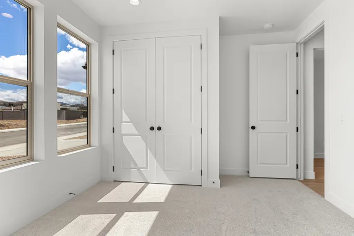 Light-filled interior space featuring two windows with beige frames, a double-door closet with black hardware, a panel door with a black doorknob, and light-colored carpet flooring