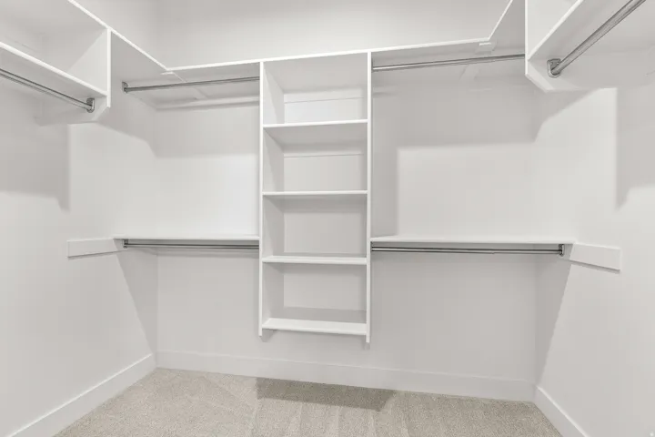 Walk-in closet featuring white built-in shelving, multiple hanging rods, white walls, and light-colored carpeting