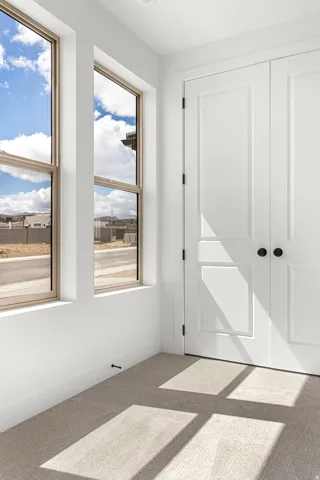 Bright room featuring two vertical windows, light-toned carpeting, white baseboards, and a double-door closet with dark hardware