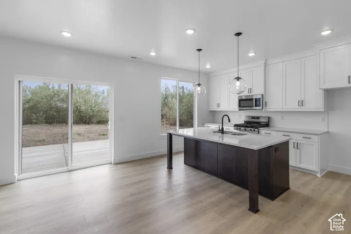 Open-concept kitchen featuring a dark wood finish island with a sink, white shaker cabinetry, stainless steel appliances, and light wood-finish flooring