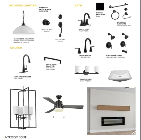 Fixture and Finish Selection Sheet. Presenting various lighting, hardware, and plumbing components for the property