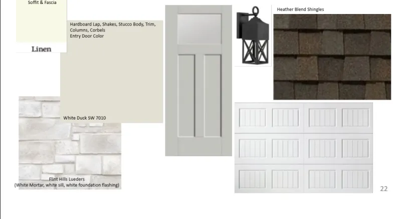 Property Specification Sheet. Detailing exterior material and color selections for the property