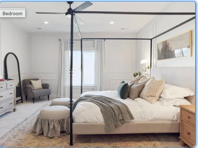 Wall paneling detailing, recessed lighting, and a ceiling fan fixture
