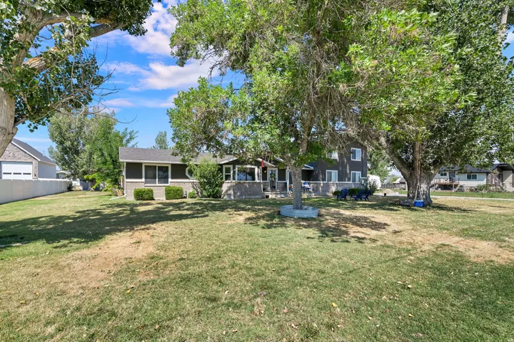 Expansive grassy yard with mature trees providing ample shade