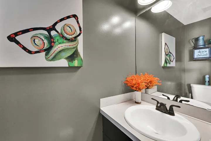 Bathroom vanity featuring a white oval sink, dark bronze-finish faucet, and a large mirror